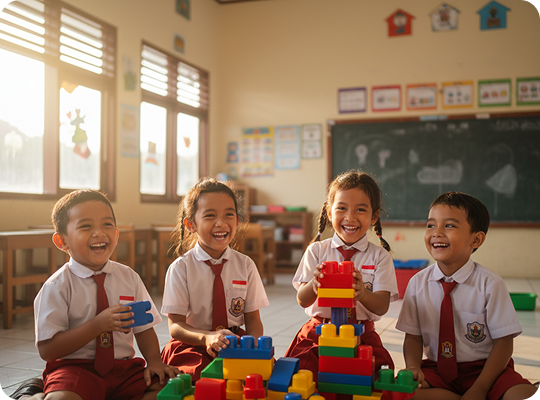Anak-anak TK Al-Azhar bermain balok di kelas